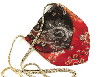 Brocade fold-over pouch: Elegant shoulder bag, autumn colors, extra-long 60" strap