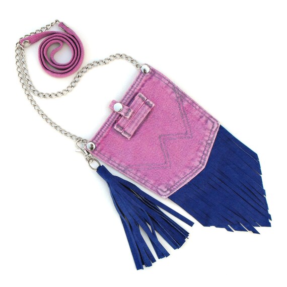 Upcycled pink denim stash pouch: Small shoulder bag with blue suede fringe, 47" strap