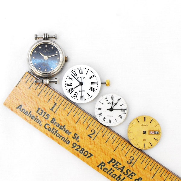 Four watch dials with movements, lot of 4 NON-WORKING watch parts, Seiko S3, CVP, Adolfo, generic for reimagined art supply, watchmaking