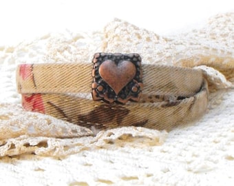 Double-wrap fabric cuff: Khaki and pink roses, up to 7" wrist, antique-copper tone heart