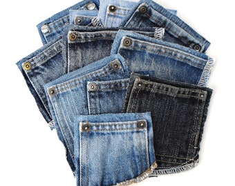 Lot of 11 denim coin pockets on back material, eleven reclaimed blue jeans small pockets for DIY textile crafts, recycled denim scraps