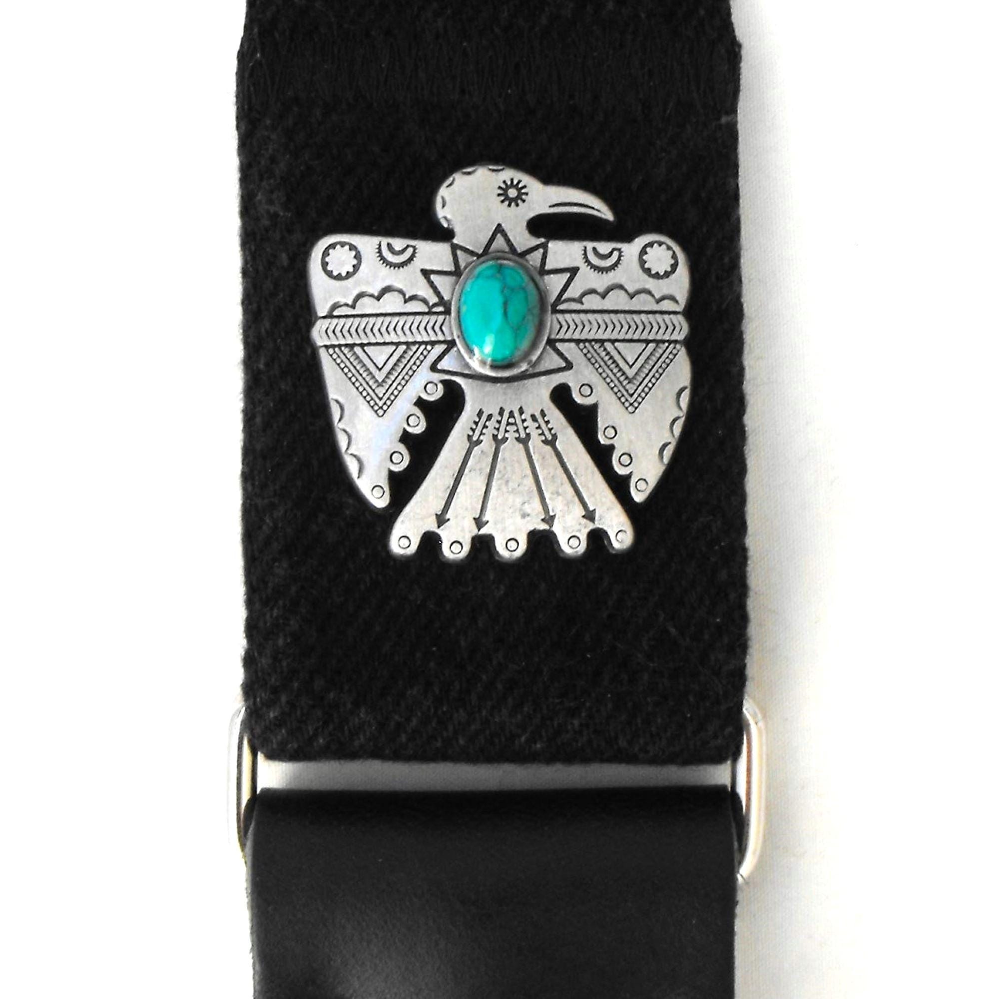 Long Black Denim Guitar Strap, Silver-tone Thunderbird