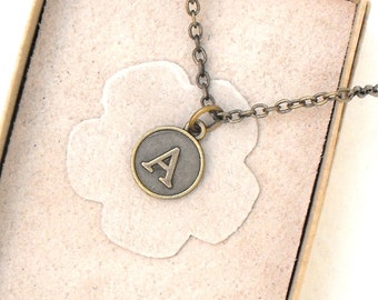 Initial charm necklace: Antique-brass alphabet jewelry, 1/2 inch disc with letter, friend gift
