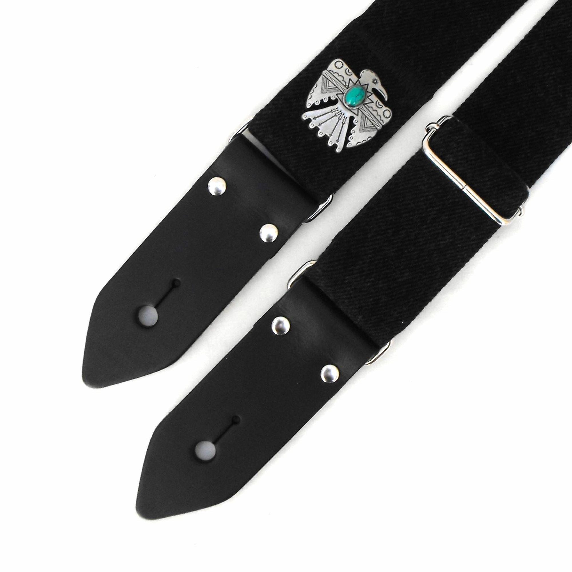 Long Black Denim Guitar Strap, Silver-tone Thunderbird