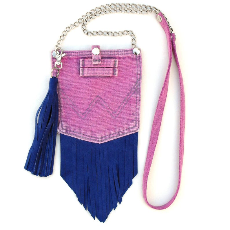 A pink denim and blue suede cross-body mini-pouch ... small in size, big on style! 

The 47 inch strap is a combination of comfortable denim and stylish chain, putting the bag at an accessible length.
