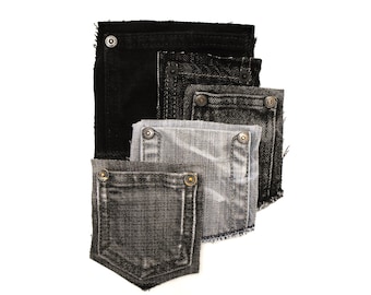Five jeans coin pockets on back material, lot of 5 reclaimed black and grey denim small pockets for DIY textile arts, recycled crafting