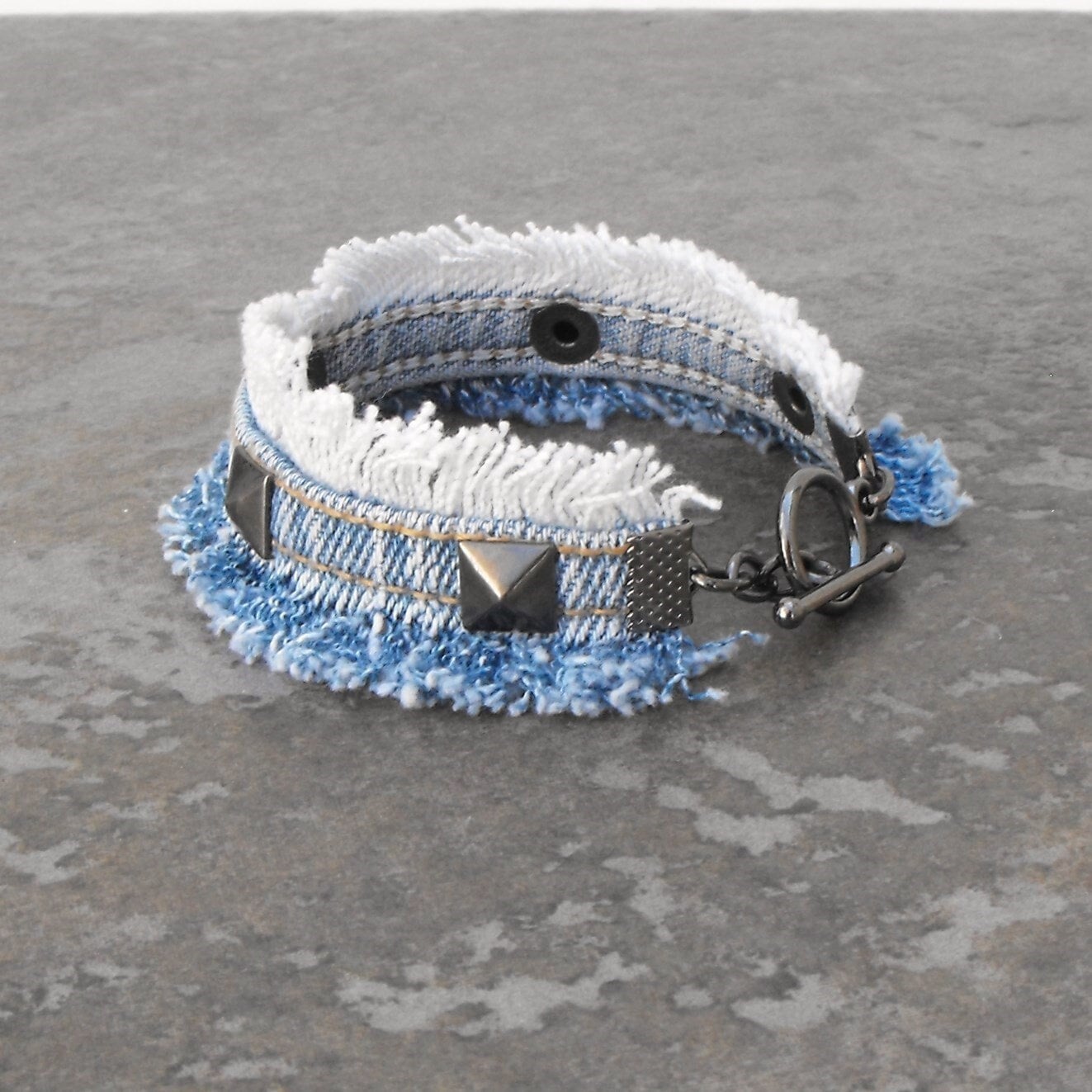 COPY - Blue Denim Fringe Bracelet with Silver Leather adorn with a Silver Ball Dark Blue Jeans Men main image 4