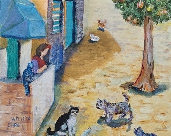 Street cats of Tel Aviv, Original acrylic painting by Sara Hagay, 9x12inch