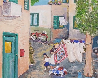 Laundry day. Original acrylic painting by Sara Hagay, 12x16inch