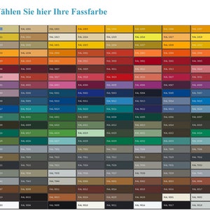 May include: A color chart with a wide array of RAL colors, including shades of yellow, orange, red, purple, blue, green, gray, and brown. The text "W&auml;hlen Sie hier Ihre Fassfarbe" is at the top.