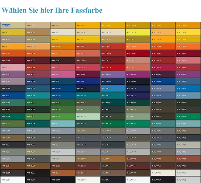 May include: A color chart with a wide array of RAL colors, including shades of yellow, orange, red, purple, blue, green, gray, and brown. The text "W&auml;hlen Sie hier Ihre Fassfarbe" is at the top.