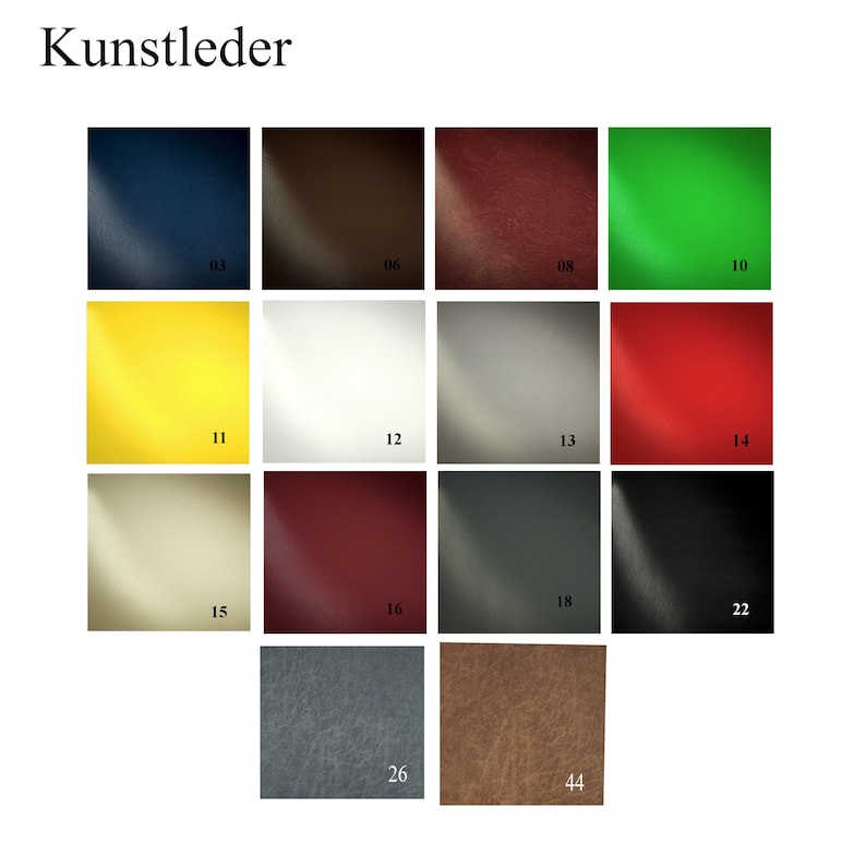 May include: A color chart of Kunstleder, or faux leather, featuring various shades. The chart includes swatches in colors such as navy blue, brown, burgundy, green, yellow, off-white, silver, red, beige, dark red, charcoal, and black. Each swatch is numbered.