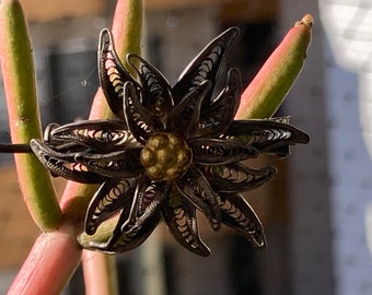 Antique Silver filigree flower brooch with C clasp, likely Italian souvenir