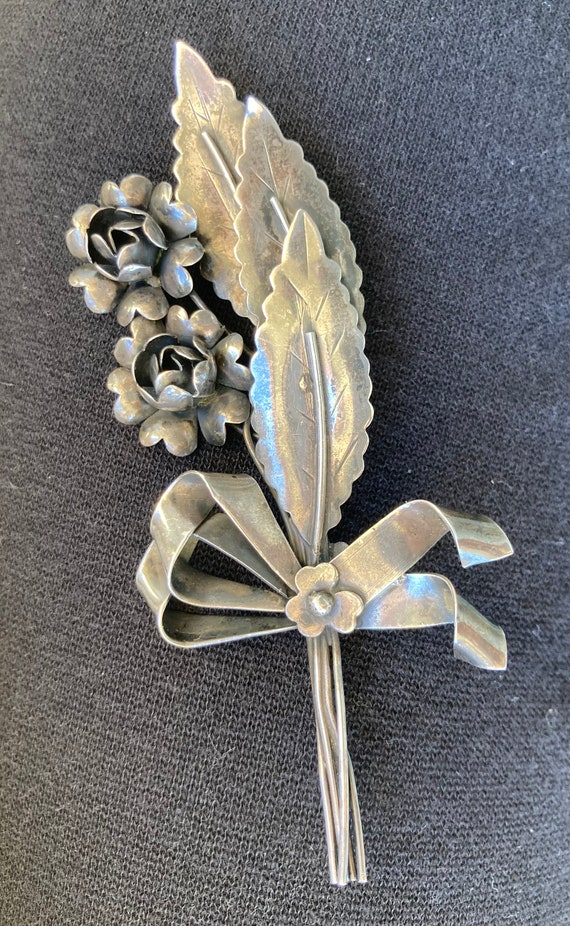 Vintage Sterling Floral Spray Brooch, likely Hobe