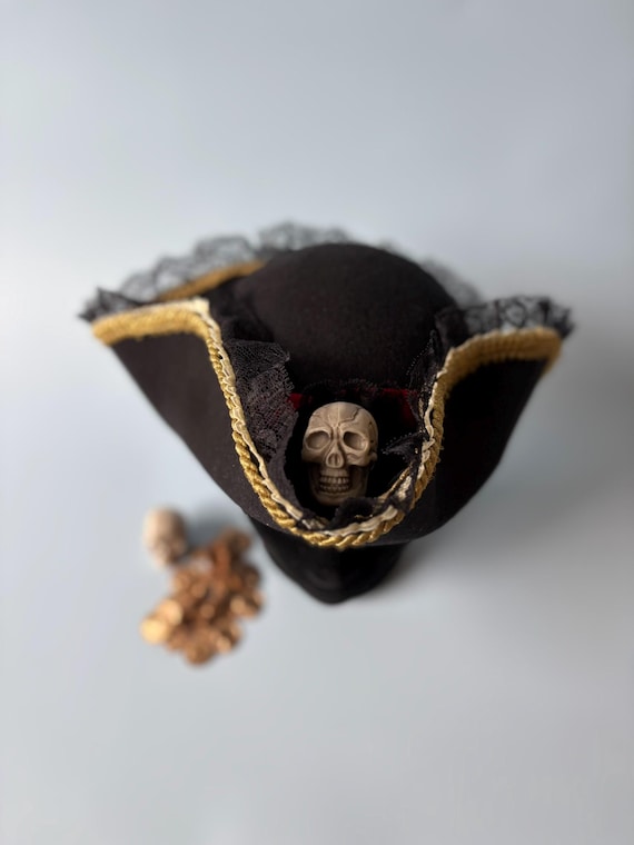 Piratenhut Dreispitz Schwarz Filz | Tricorn Totenkopf Spitze Gold | Piraten Kostüm Halloween | LARP Cosplay | handgemacht Unikat