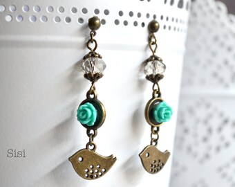 Earrings birds green flower