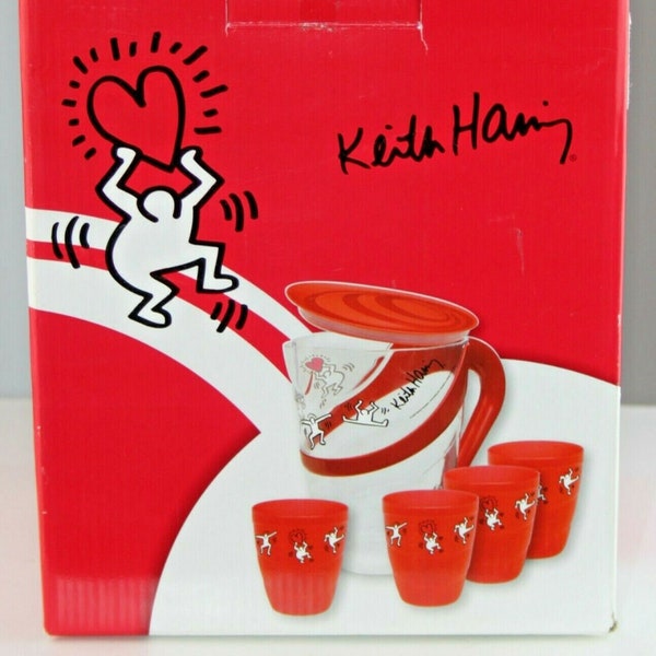 Juice set brocca 4 tazze plastica Keith Haring bicchiere spazzolino da denti anni '90 anni '90 pop art