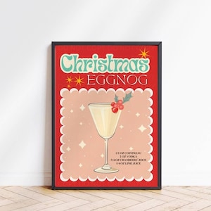 Retro Christmas Cocktail Print, Eggnog Alcohol Bar Gallery Wall Print, Framed Christmas Print Festive Decoration, Kitchen Wall Gallery
