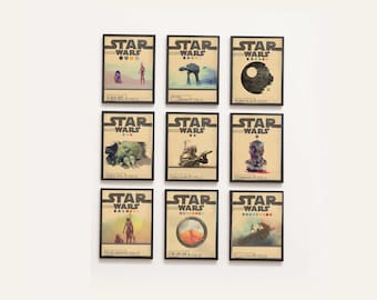 Star Wars Prints Set of 9, Minimalist Star Wars Decor, Star Wars Gift For Boyfriend,  R2D2 Print, Framed Star Wars Print