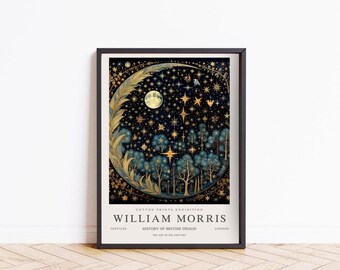 William Morris Print, Crescent Moon and Stars Print, William Morris Exhibition Poster, Vintage Famous Artists Wall Art Gallery, Home Decor