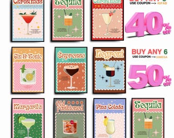 Retro Cocktail Prints, Modern Kitchen Print, Drinks Poster, Bar Cart Decor Framed Wall Art, Christmas Gift