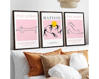 Set of 3 Picasso Matisse Prints, Picasso Dog Cat, Henri Matisse Dance Poster, Wall Art Gallery, Pink Home Decor, Framed Print Options