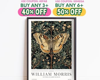 William Morris Butterfly Print, Vintage Poster, Mushroom, Botanical, Framed Wall Art, Winter Home Decor, Christmas Decoration Gift