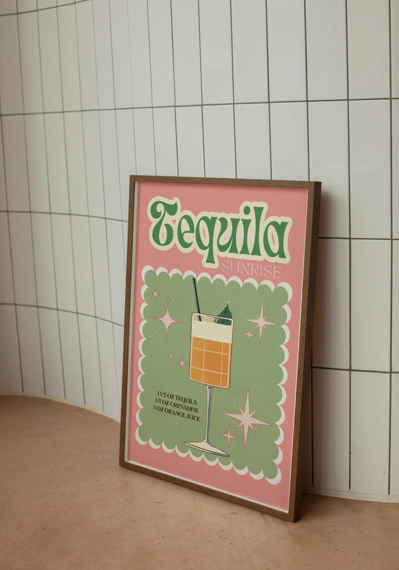 Tequila Sunrise Print, Retro Cocktail Print, Alcohol Bar Gallery Wall