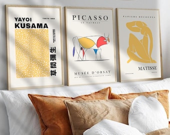 Set of 3 Yayoi Kusama Picasso Henri Matisse Prints, Yellow Exhibition Posters, Wall Art Gallery, Living Room Home Decor Framed Print Options
