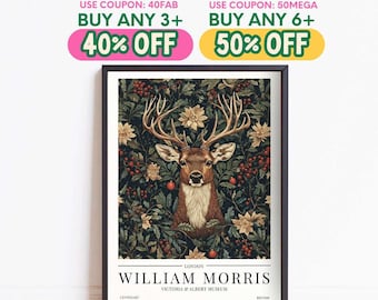 William Morris Deer Print, Vintage Poster, Animal Botanical Print, Framed Wall Art, Winter Home Decor, Christmas Decoration Gift