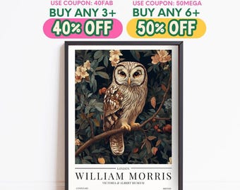William Morris Owl Print, Vintage Poster, Animal Botanical Print, Framed Wall Art, Winter Home Decor, Christmas Decoration Gift