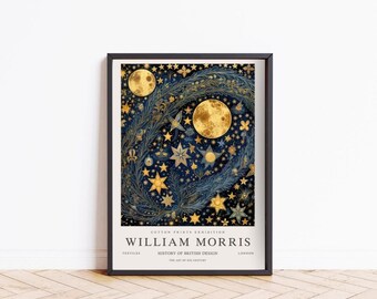 William Morris Print, Moon and Stars Print, William Morris Exhibition Poster, Vintage Starry Night Wall Art Gallery, Art Nouveau Home Decor