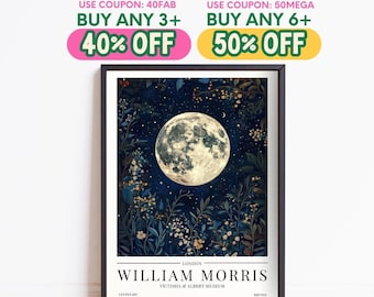 William Morris Moon & Stars Print, Vintage Poster, Mushroom, Botanical, Framed Wall Art, Winter Home Decor, Christmas Decoration Gift