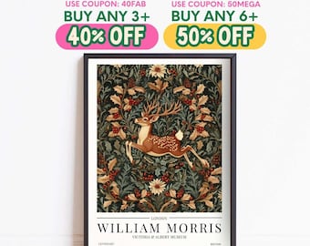 William Morris Deer Print, Vintage Poster, Animal Botanical Print, Framed Wall Art, Winter Home Decor, Christmas Decoration Gift