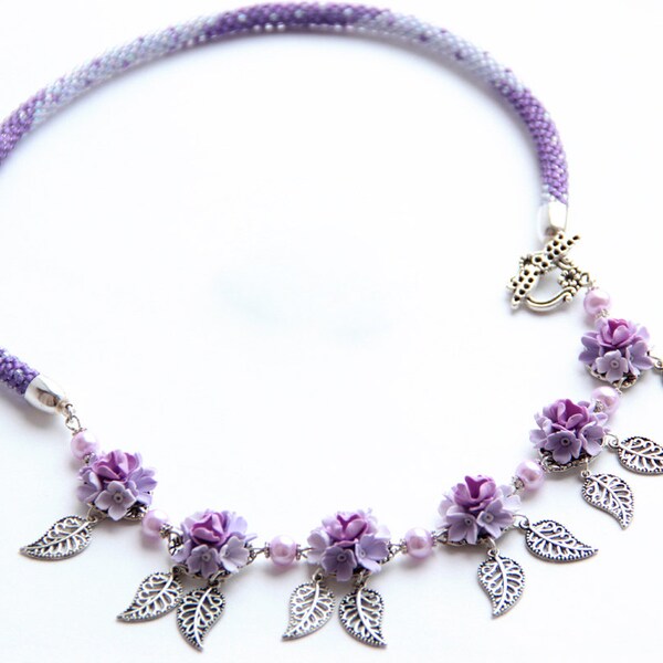 Bead Crochet necklace -"Lavender mountain"-lilac ,flowers from polymer, Jewelry Beadwork Gift women ,  love, valentines day,