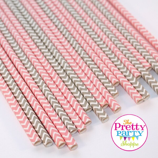 25 Count Light Pink & Grey Chevron Paper Straws - Wedding, Birthday, Baby Shower, Bridal Shower, Cake Pops by Celebration Lane