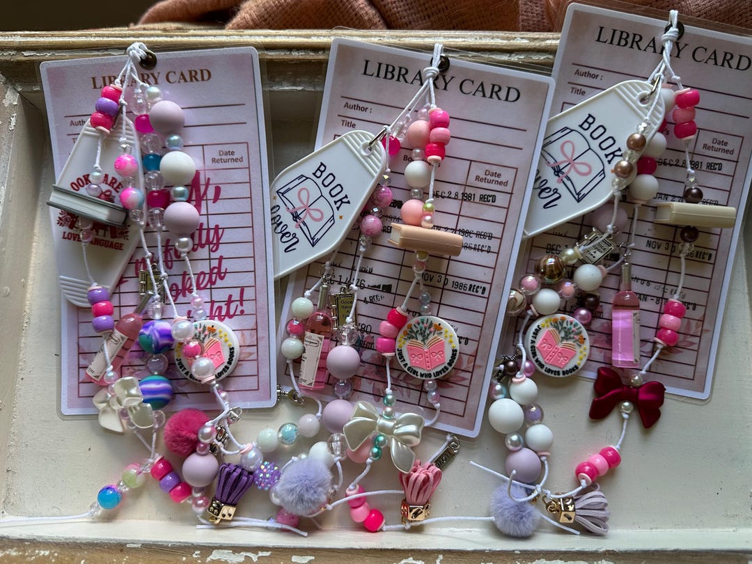 Library Cards and Pink Stack of Books Junk Journal Charm Bookmark - Etsy