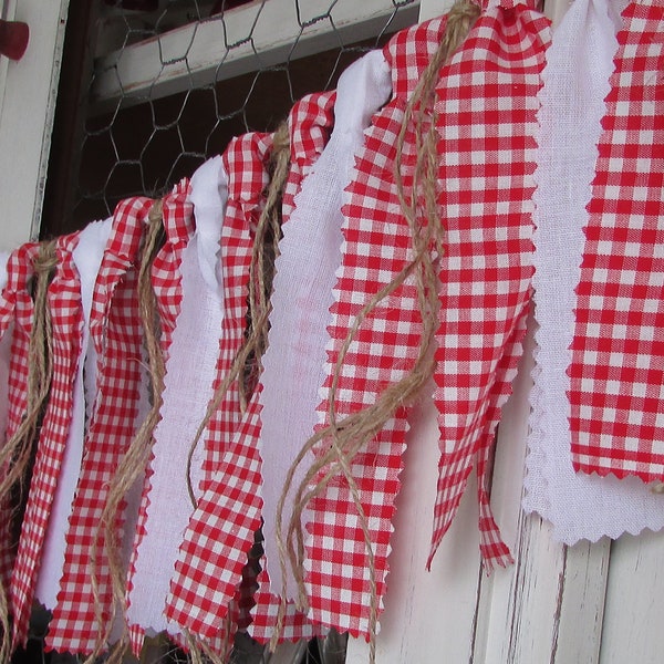 Red & White Gingham Garland, Red White Fabric Banner Babyq, I Do BBQ Gingham Picnic Decor Picnic Birthday Backyard BBQ Shower Decor Barbeque