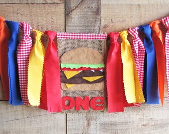 Burger Birthday High Chair Banner Cheeseburger Highchair Hamburger Birthday BBQ Cook Out Theme First Birthday Vintage Diner Custom Made