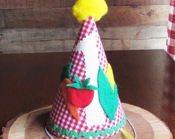 Farmers Market Gingham Party Hat Red and White Gingham Hat First Birthday Hat Country Vegetable Party Hat County Fair Picnic Hat Carrot Corn