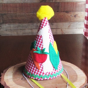 Farmers Market Gingham Party Hat Red and White Gingham Hat First Birthday Hat Country Vegetable Party Hat County Fair Picnic Hat Carrot Corn