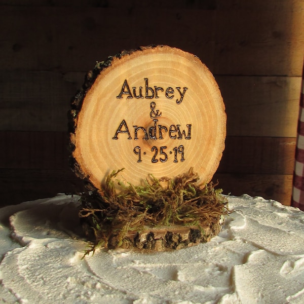 Personalized Wood Slice Cake Topper Rustic Wedding Cake Topper Woodland Wood Burned Log Slice Cake Topper Custom Engraved Wood Tree Barn Log