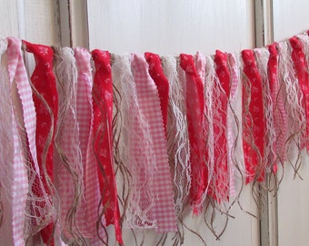 Vintage Strawberry Rag Tie Garland Pink Gingham Banner County Fair Farmers Market Shabby Chic Pink Checkered Strawberry Party Lace Jute