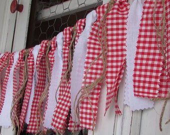 Red & White Gingham Garland, Red White Rag Tie Garland, Picnic Rag Tie Banner, Country Picnic Decor, Picnic Birthday, BBQ Party, Rag Tie Red