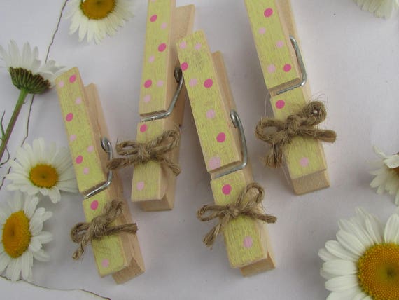 Yellow & Pink Clothespins, Decorated Clothespins, Painted Clothespins, Polka Dot Clothespins, Rustic Clothespins, Pink Lemonade Party Decor Il_570xn