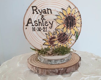 Sunflower Wedding Cake Topper, Sunflower Wedding, Sunflower Cake Topper, Wood Slice Wedding Cake Topper, Personalized Wedding Cake Topper