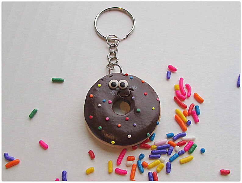 Donut Keychain, Donut Key Ring, Donut Bookbag Charm, Donut Charm, Doughnut Key Chain, Doughnut Charm Chocolate Donut Keychain Sprinkle Donut image 3