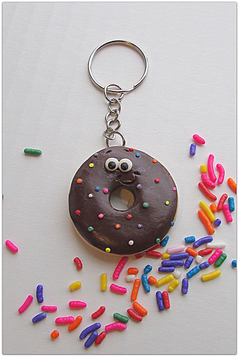 Donut Keychain, Donut Key Ring, Donut Bookbag Charm, Donut Charm, Doughnut Key Chain, Doughnut Charm Chocolate Donut Keychain Sprinkle Donut image 2