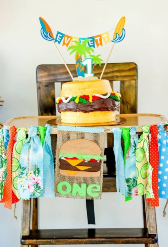 Burger Birthday High Chair Banner Cheeseburger Highchair Hamburger Birthday BBQ Cook Out First Birthday Tropical Paradise Beach Burger Theme Il_570xn