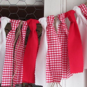 May include: A festive banner composed of alternating red, white, and red and white gingham fabric strips. The strips are tied to a natural twine, creating a rustic and charming decorative element. The banner is suitable for various celebrations.